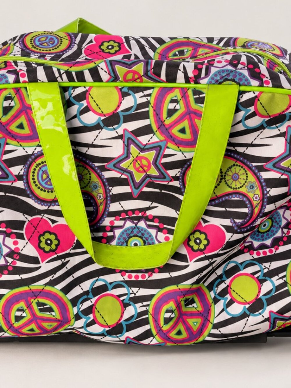 Multicolor Peace Sign Zebra Print Rolling Duffle Bag Lime Green Trim